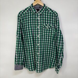 Y2K Clockhouse Mens XL Green Navy Gingham Cotton Long Sleeve Button Up Shirt